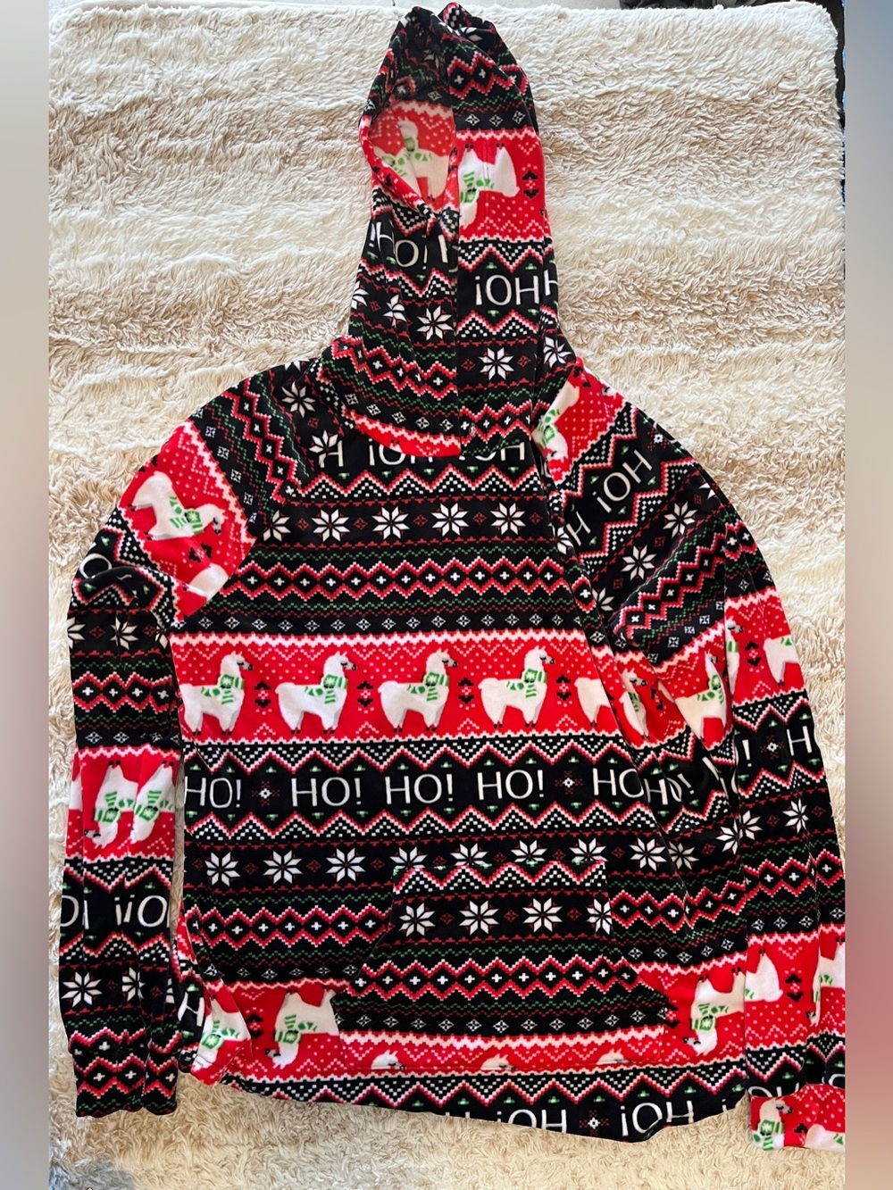 No Boundaries Red, Black & White Holiday Llama Hoodie Sweater